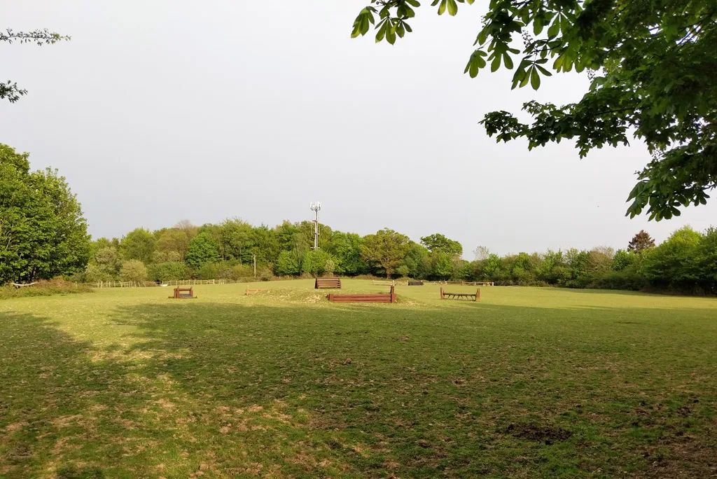 Cross-country jumps in a field at Crabbet Park, photographed in 2019. The padel application covers land south of the equestrian centre.
